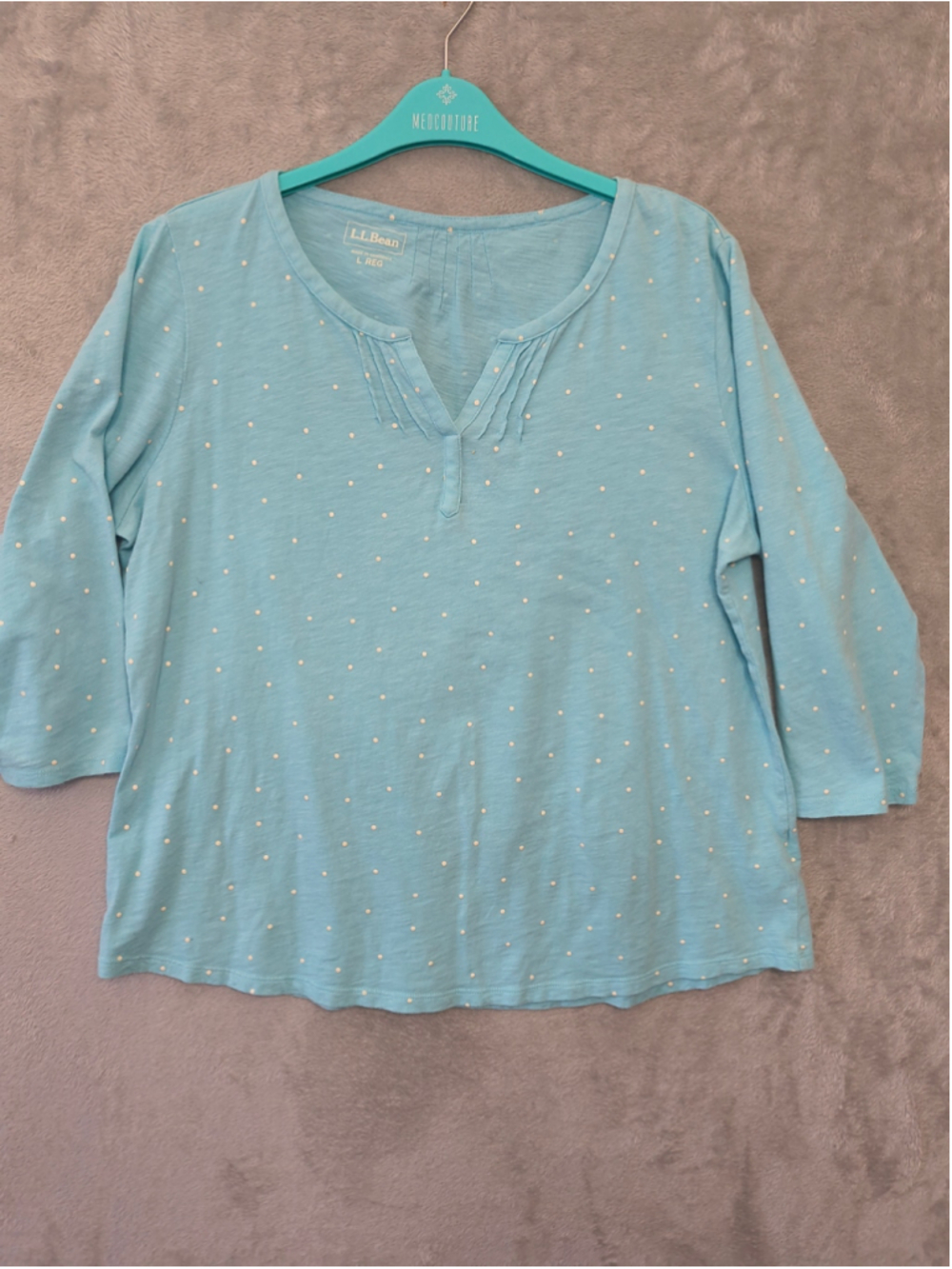 L.L. Bean Women's Size L Large Regular Blue Polka Dot 3/4 Sleeve Pleated Henley